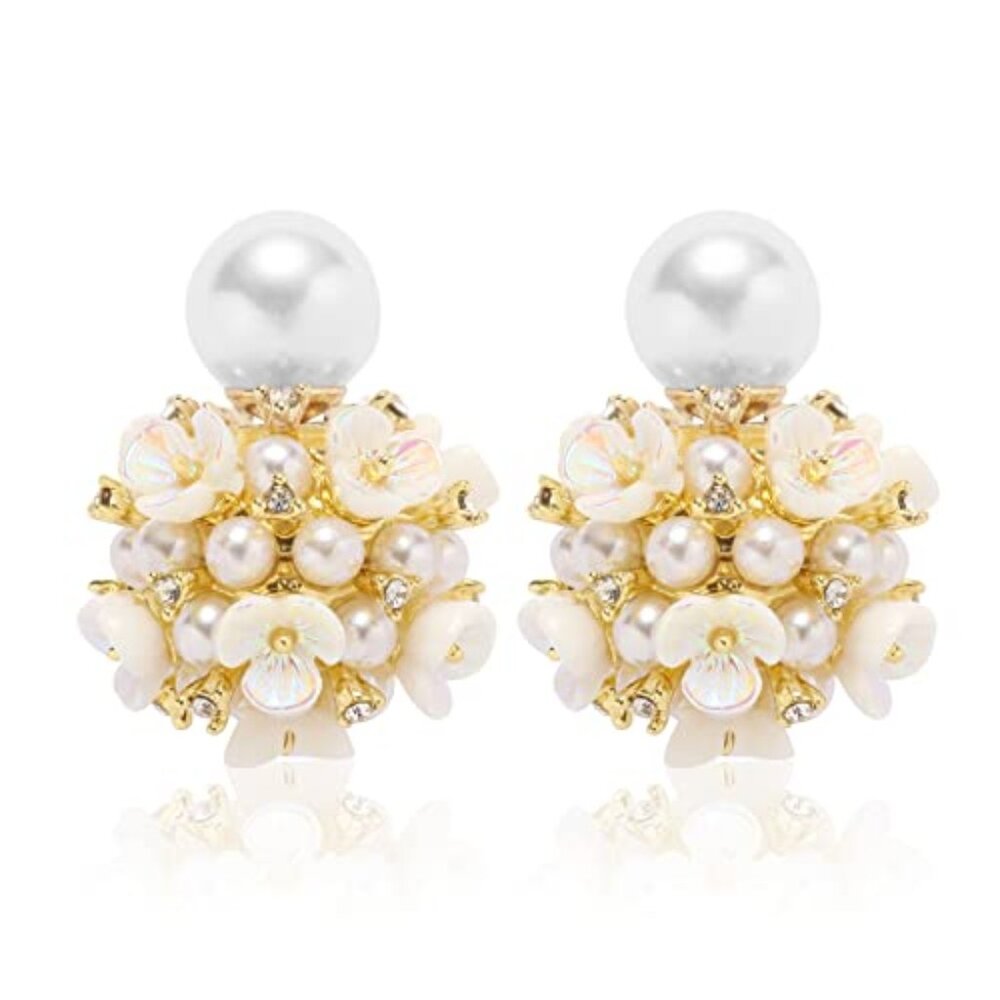 Shell Flower‎ Pearl Earrings Ball Pearl Double Sided Stud Front Back Earrings